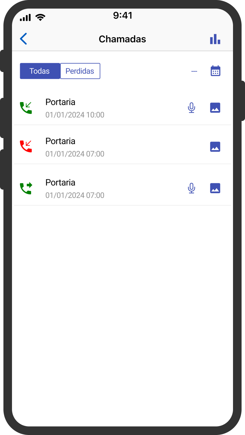 Tela de chamadas do aplicativo