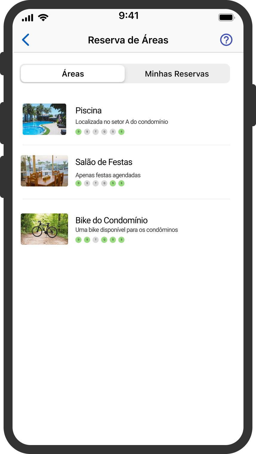 Tela de listagem de áreas comuns do aplicativo