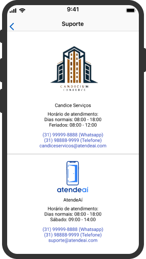 Tela de suporte do aplicativo