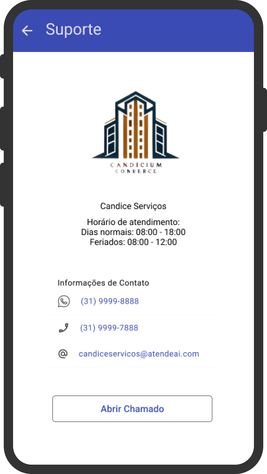telefone com a tela do aplicativo na aba de suporte com a marca do parceiro.